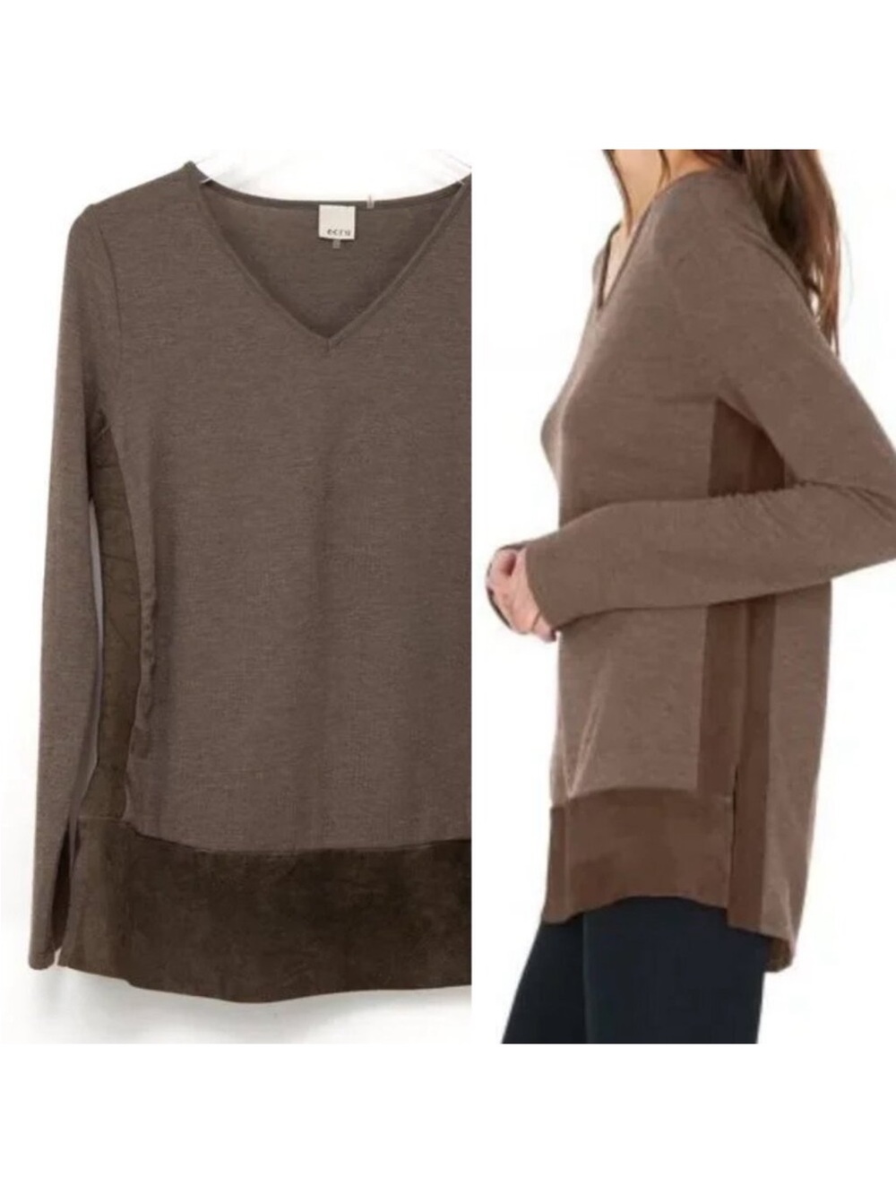 Ecru Taupe/Brown V-Neck Long Sleeve  Suede Trim size S retail $128  NWT